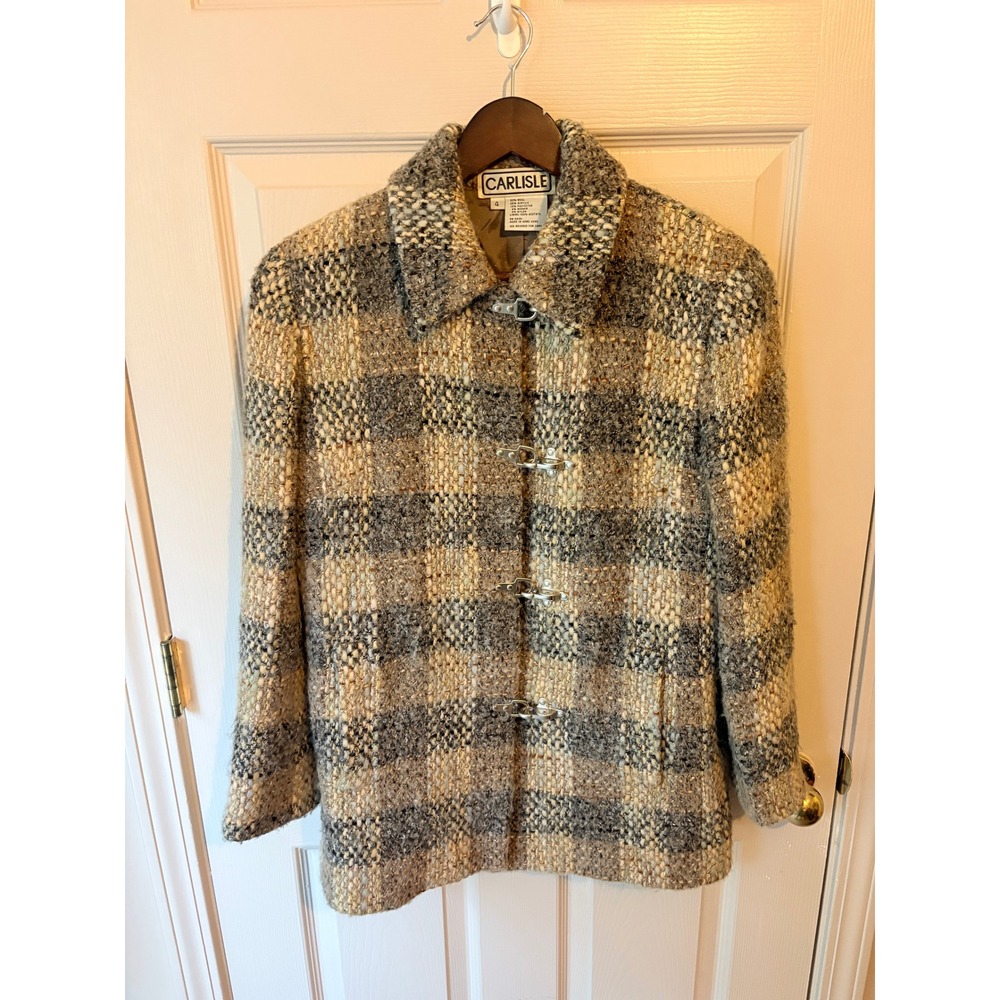 Carlisle Vintage Wool Mohair Blend Plaid Toggle Jacket Grey Tan Women Size 4